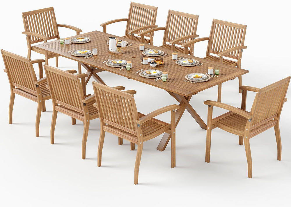 Acacia Wood Patio Dining Set for 8, Expandable Table