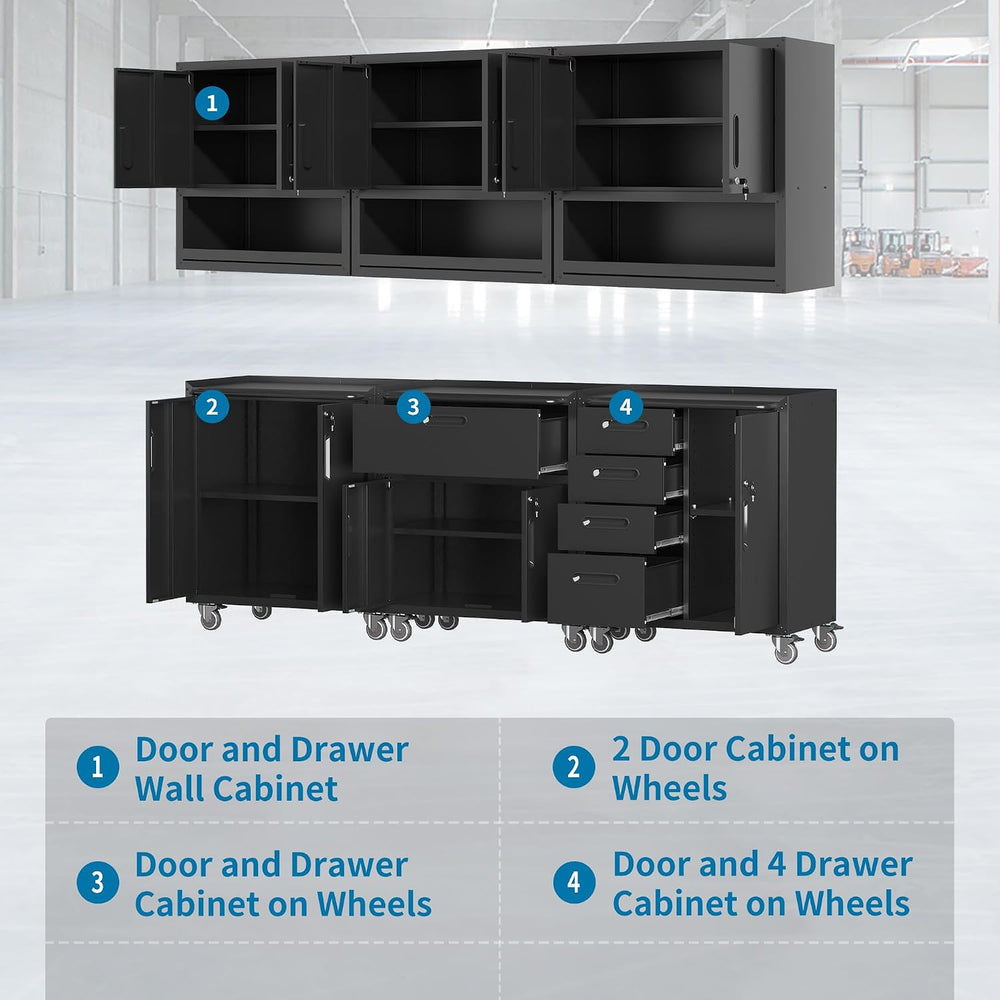 Black Garage Storage Cabinets System 6 PCS Workshop Set with Drawers Locking ...