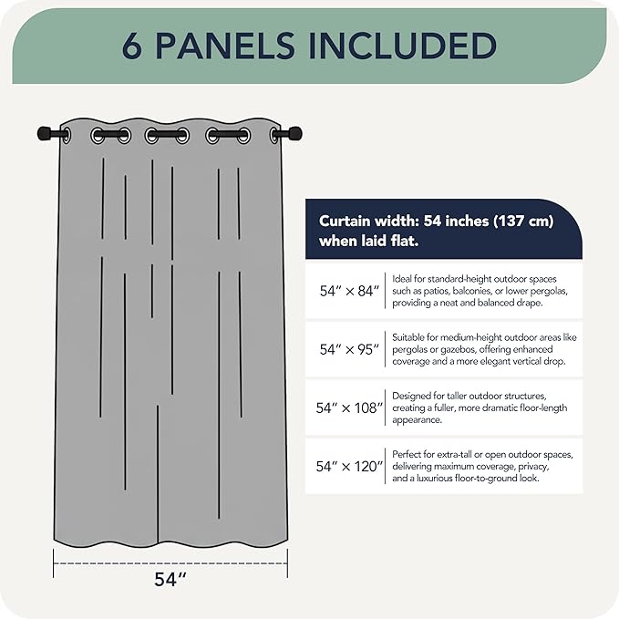 Outdoor Curtains for Patio Waterproof 6 Panels - Windproof, Privacy, Weatherp...