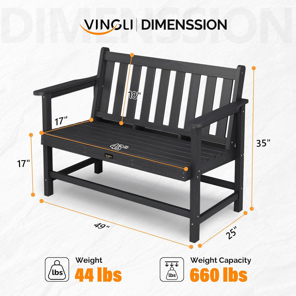VINGLI 49in HDPE Outdoor Bench with Backrest and Armrests, 2-Person Weatherpr...