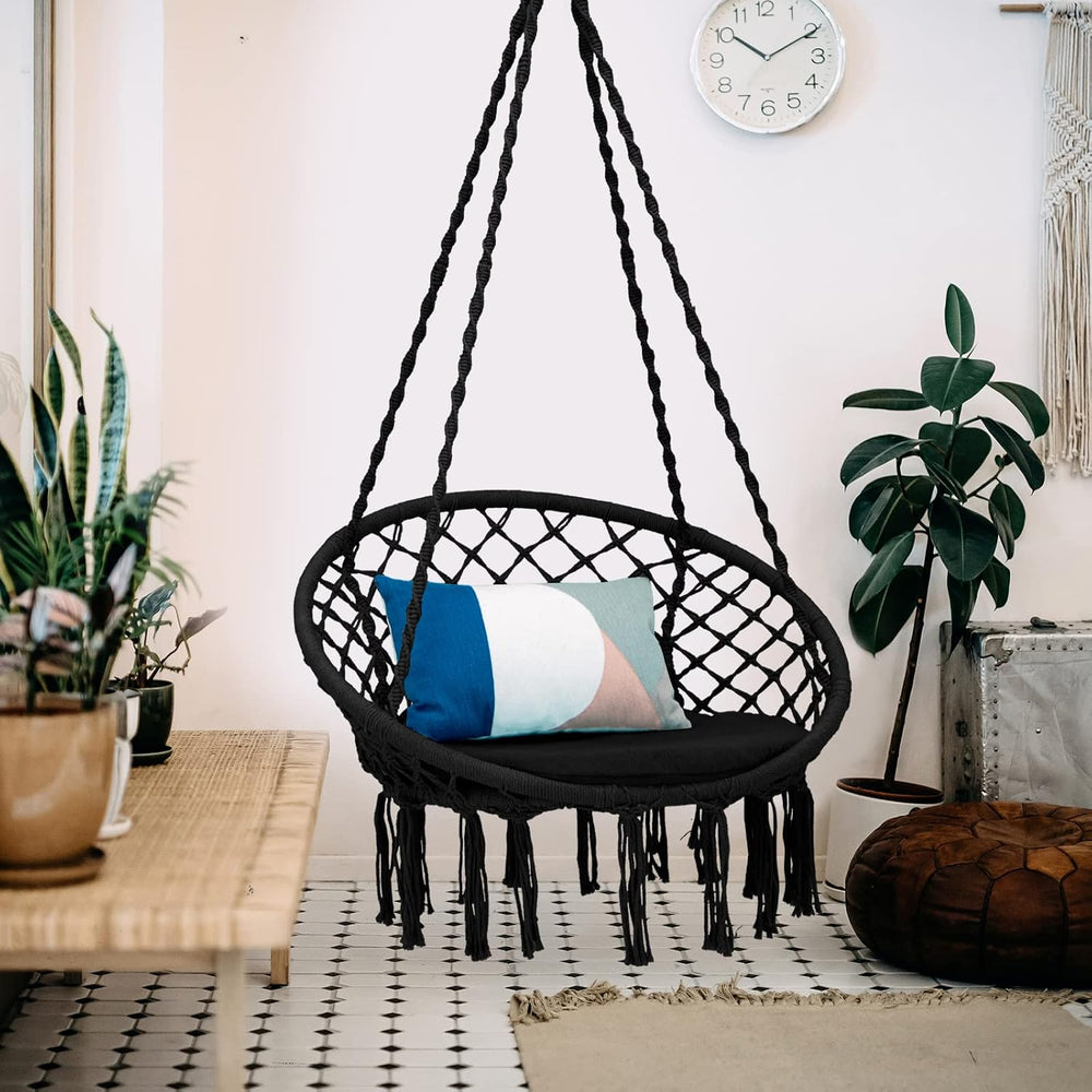 Giantex Hammock Chair Macrame Swing with Cushion & Hardware Kit, Black