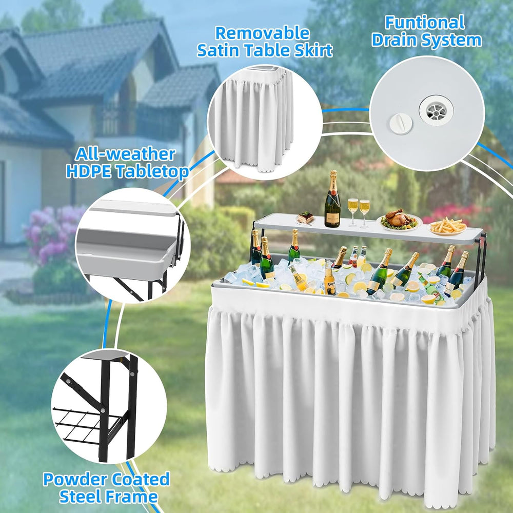 Ice Cooler Folding Table,Double-Layer Party Chilling Table with Drain and Det...
