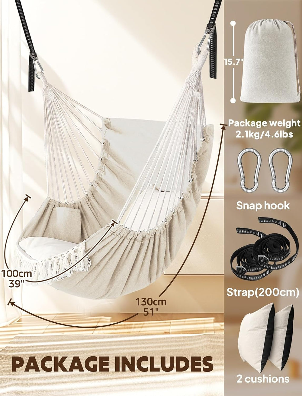 Chihee Hammock Chair with Strong Webbing Straps Hooks Suspension 2 Cushions