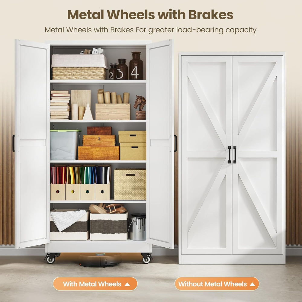 Yizosh 75" White Metal Pantry Cabinets,Garage Storage Cabinet with Wheels