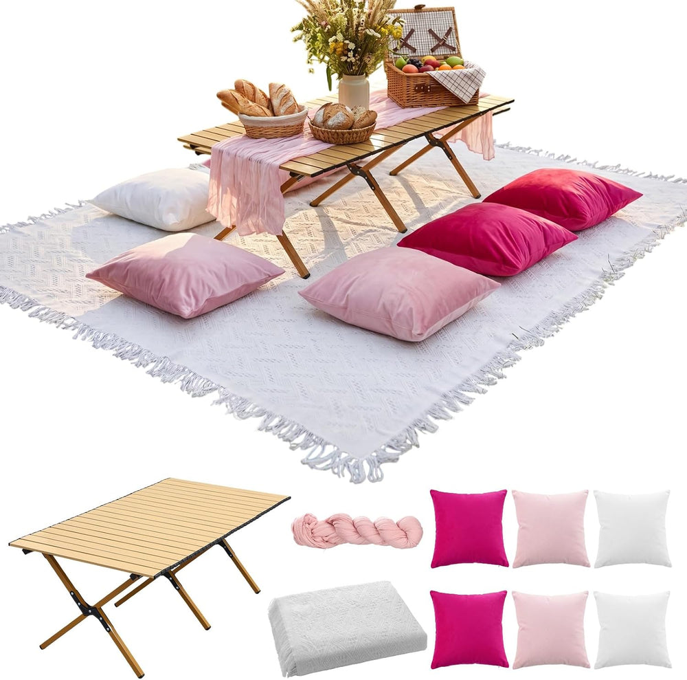 Leinuosen 9 Pcs Boho Picnic Set with Folding Low Table, Pink