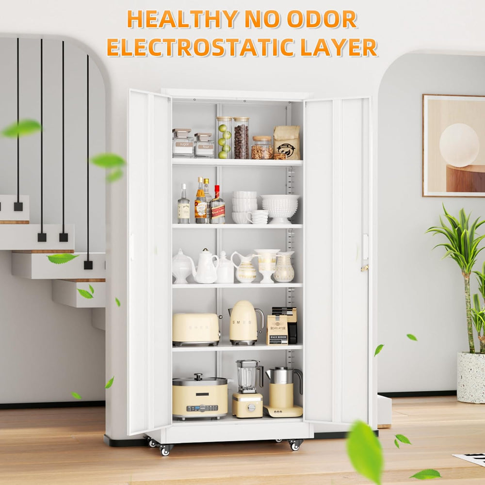 Superday 73" Metal Storage Cabinet with Wheels, Lockable Steel Utility C...