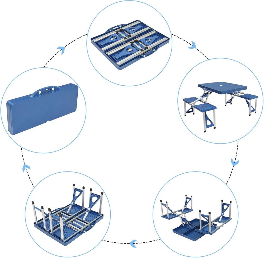 4FT Portable Folding Camping Picnic Table with Seats Chairs and Umbrella Hole...