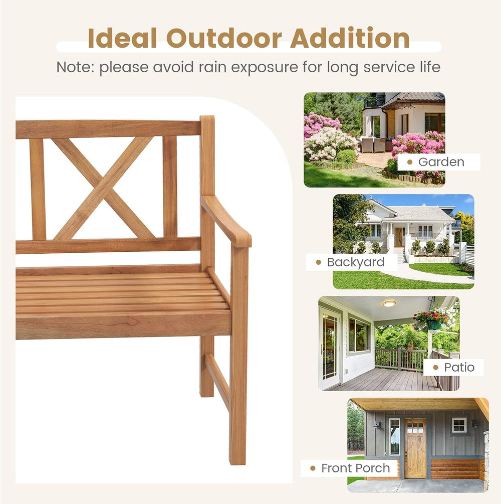 Tangkula Patio Acacia Wood Bench, 2-Person Outdoor Loveseat Chair, Cozy Armre...