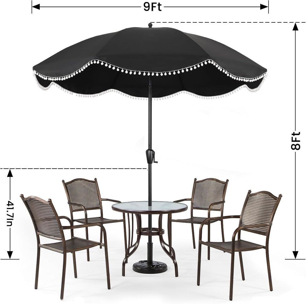 9' Patio Umbrella with Black Canopy and White Fringe Accents, Black Frame...