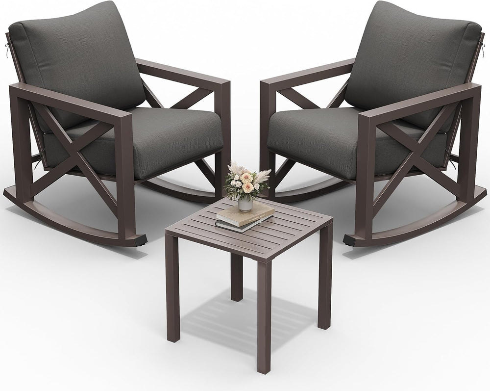 UDPATIO Rocking Chair Outdoor Oversized Metal Bistro Set 6.5" Cushion Grey