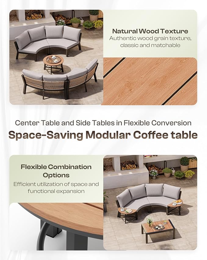 Outdoor Patio Sectional Modular Sofa, Aluminum 1 Piece Curved Patio Couch wit...