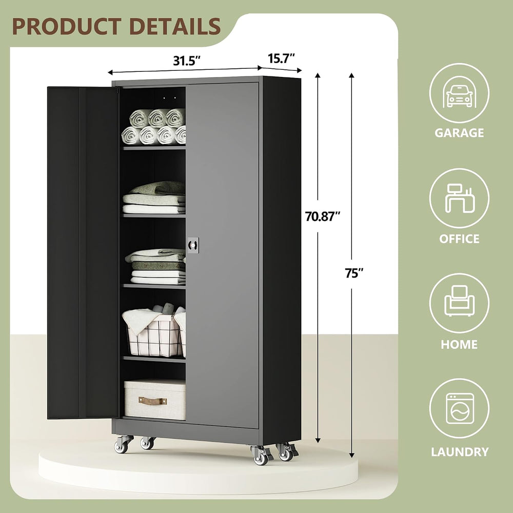 Metal Garage Storage Cabinet with Wheels,75" H Locking Tool Cabinet with...