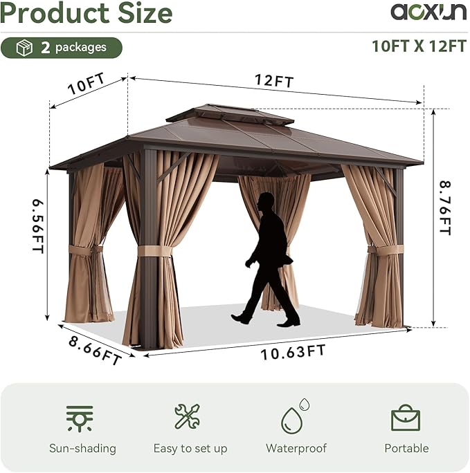 Aoxun 12'x10' Hardtop Gazebo, Aluminum Frame Permanent Pavilion with ...