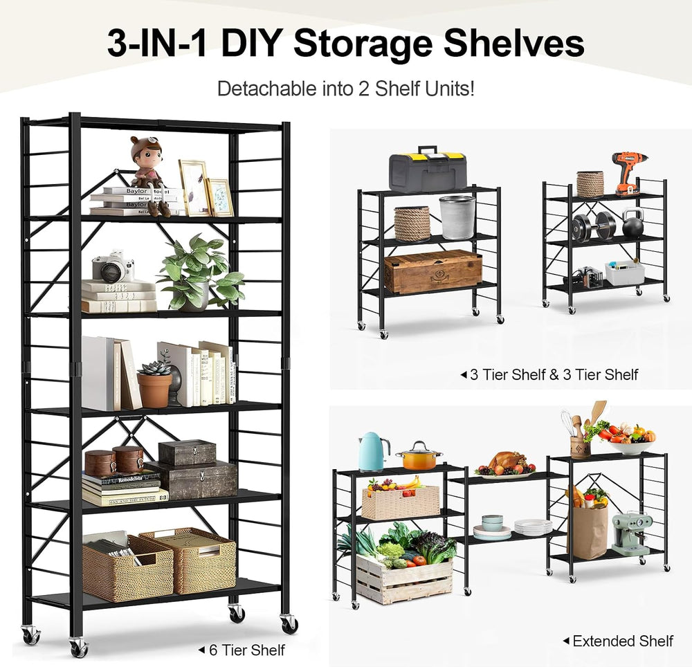 Himix 6-Tier Foldable Storage Shelves with Wheels Adjustable Kitchen Black