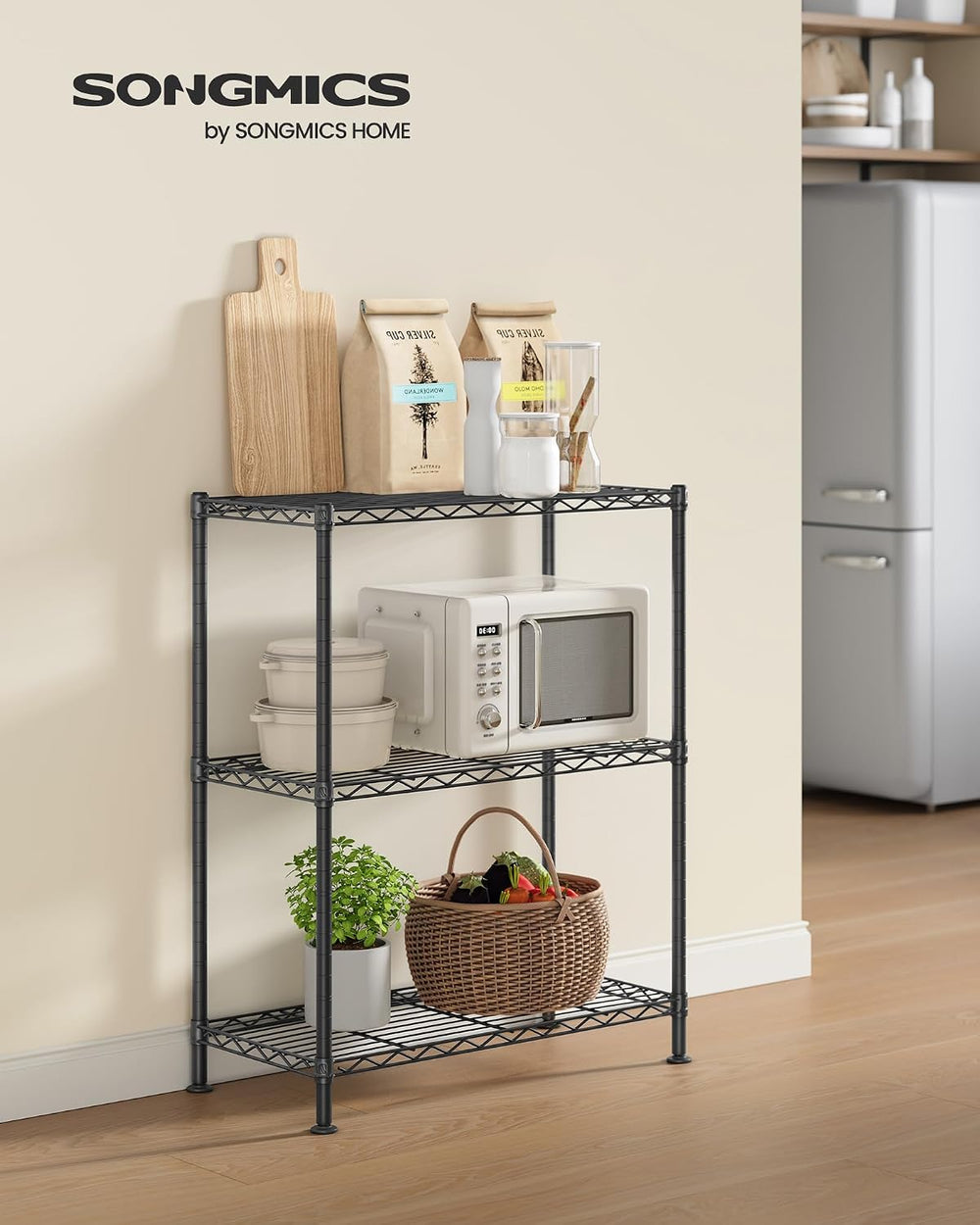 SONGMICS 3-Tier Storage Shelves, Adjustable Wire Shelving Unit, 8 Hooks