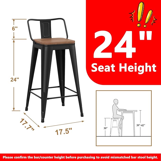 WENTMENT Metal Bar Stools Set of 4 Counter Height Barstools with Removable Ba...
