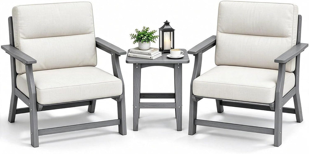 3 Piece Patio Bistro Set, Outdoor Table Chairs with Cushion, Grey