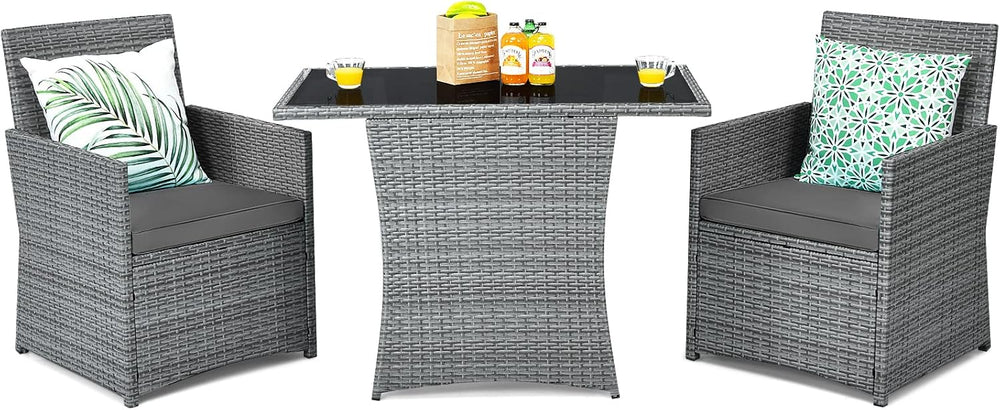 Tangkula 3 Pieces Patio Dining Set, Patiojoy Space-saving PE Rattan Bistro Se...