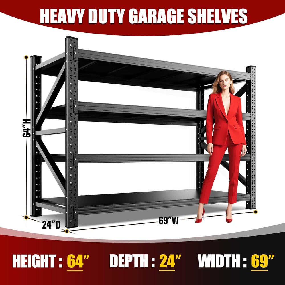 69" W Heavy Duty Metal Garage Shelving, 4-Tier Adjustable Storage Shelve...