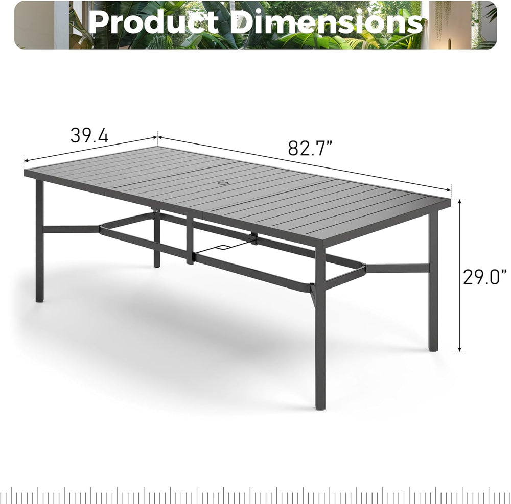 Outdoor Dining Table for 8, Black Metal Table w/Umbrella Hole