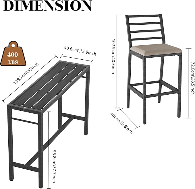 3Pcs Outdoor Patio Bar Set, 55" Rectangular High Top Table and Chairs Se...