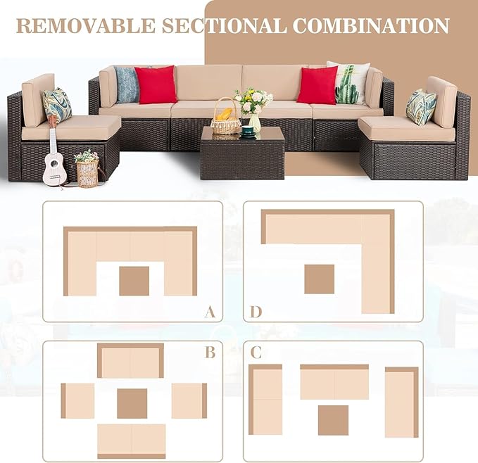 Vongrasig 7 Pieces Patio Furniture Sets, Outdoor Patio Conversation Set PE Ra...
