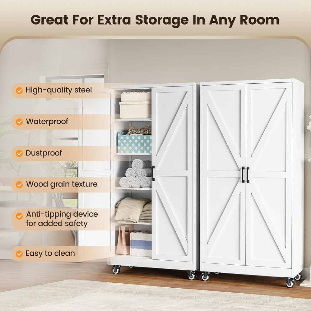 Yizosh 75" White Metal Pantry Cabinets,Garage Storage Cabinet with Wheels