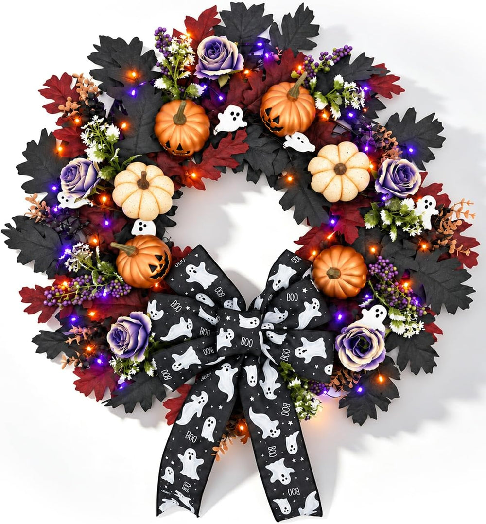 22'' Halloween Wreath for Front Door with Orange, Purple Light