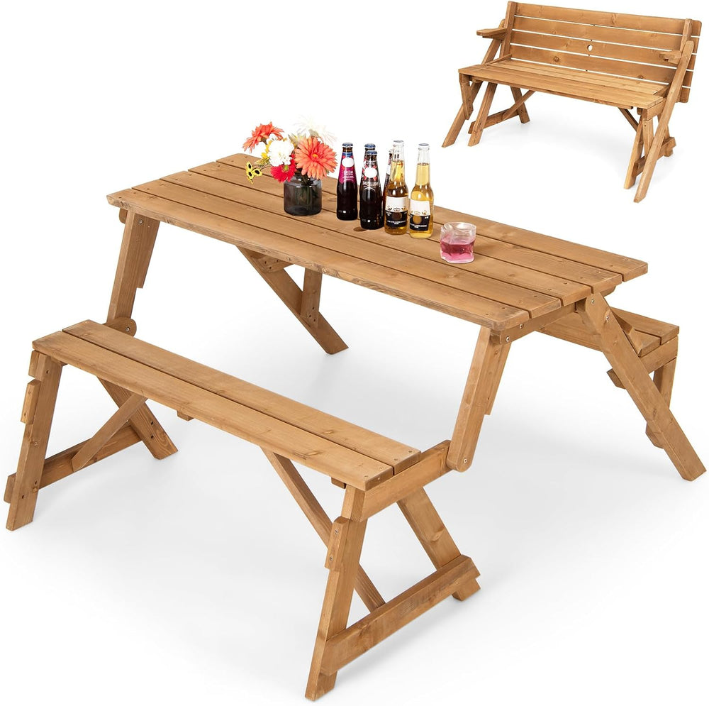 GYMAX Picnic Table, 2 in 1 Convertible Picnic Bench Table Set, Transforming I...