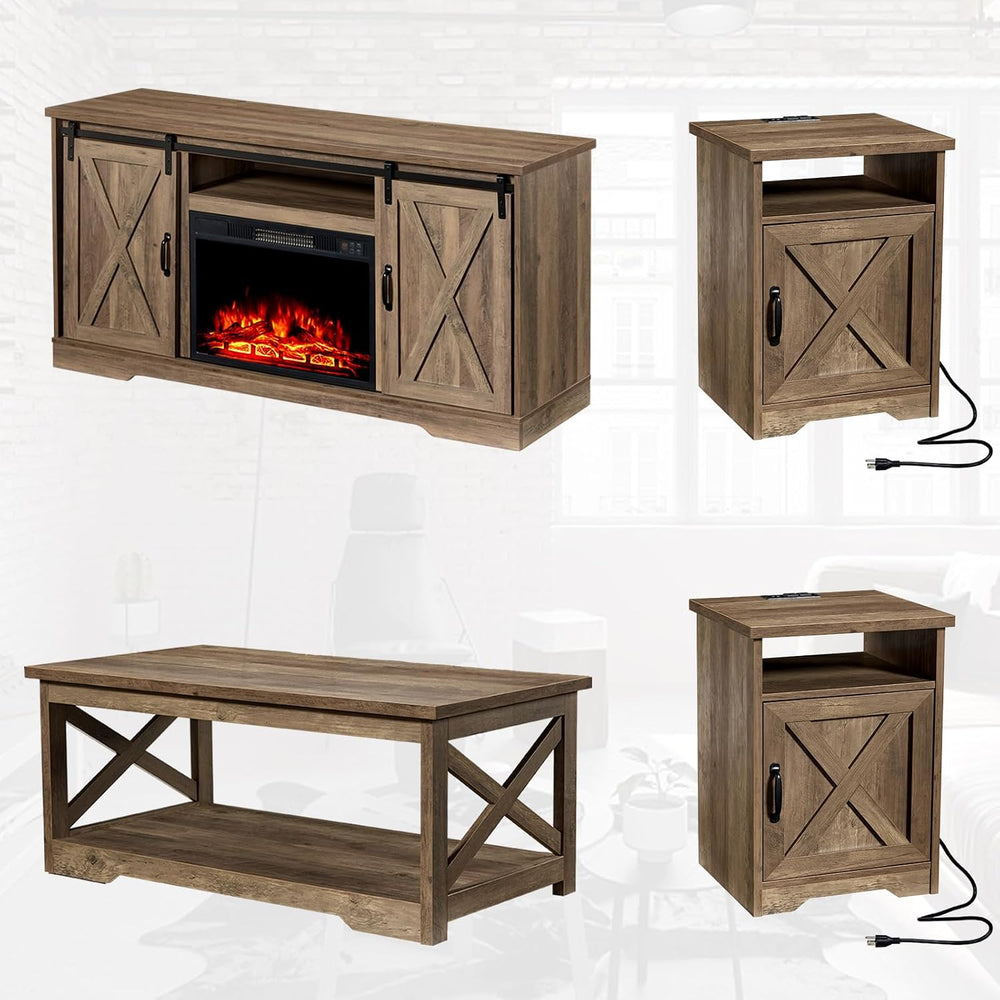 AMERLIFE Living Room Furniture Set, 59" Barnwood TV Stand with Fireplace