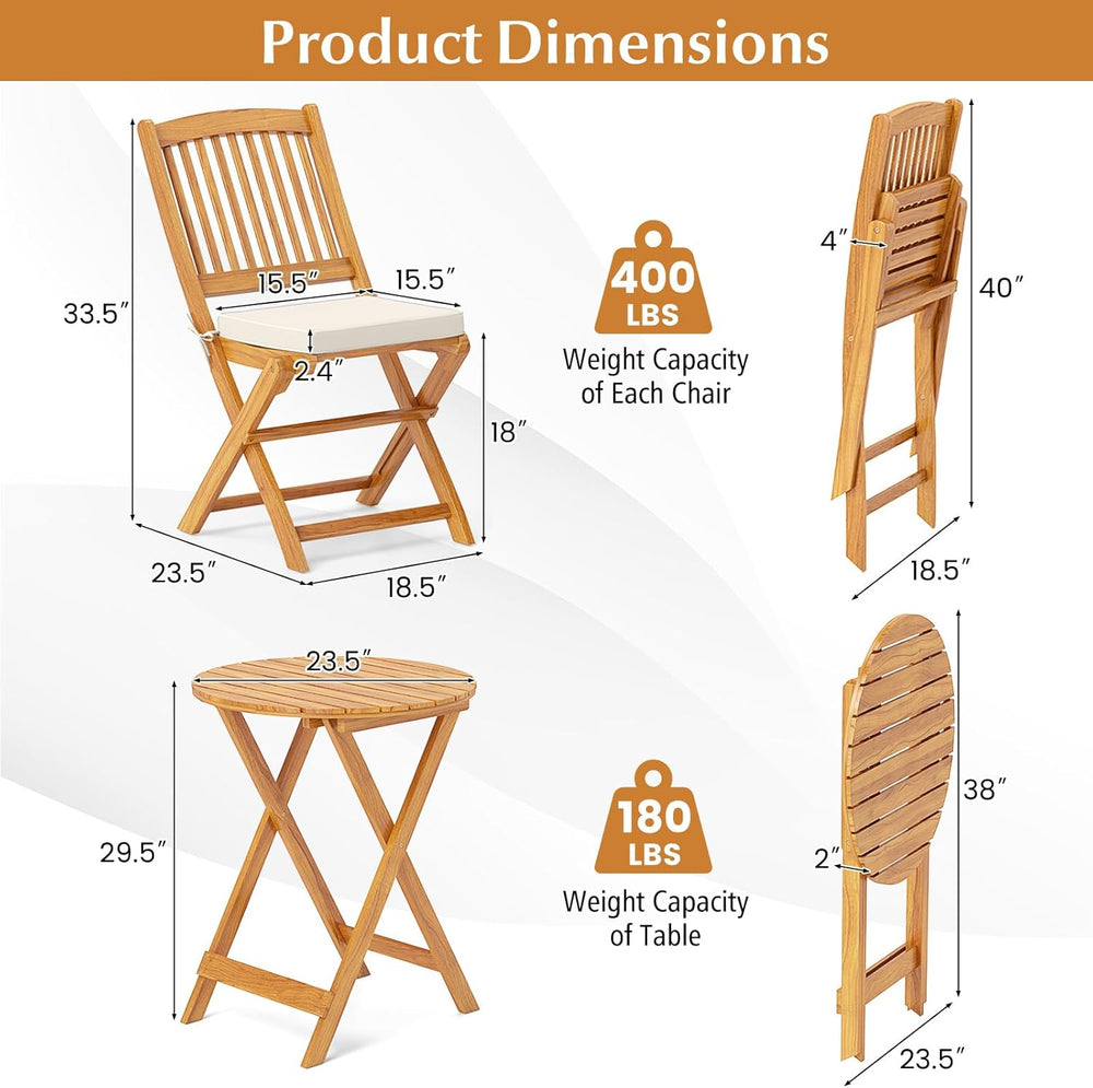 Tangkula 3 Pieces Acacia Wood Patio Folding Bistro Set, Outdoor Table and Cha...