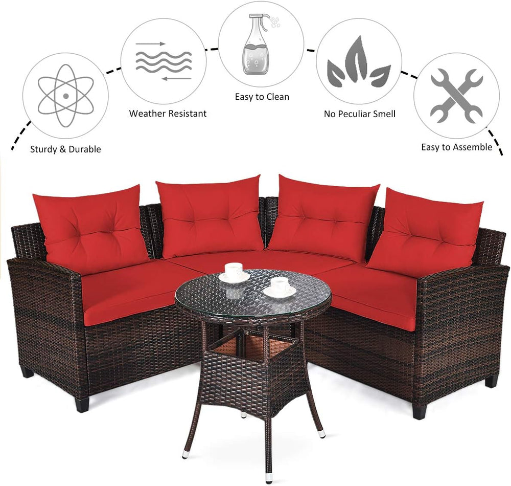 Tangkula 4-Piece C Shape Patio Furniture Set, Outdoor Corner Wicker Rattan Se...