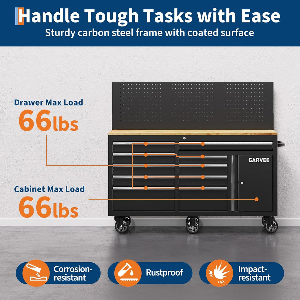 60 Inch Rolling Tool Chest Workbench, 10 Drawer Tool Box with Pegboard & ...