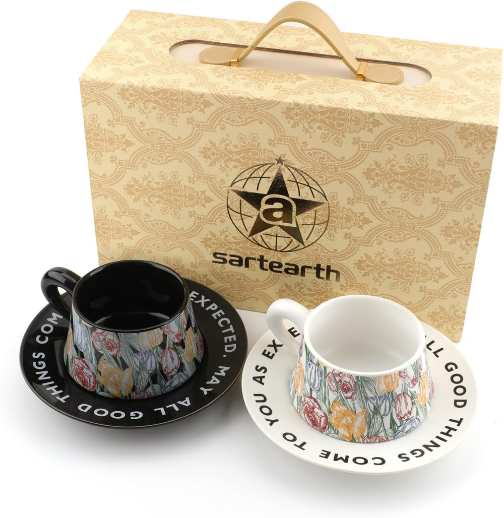 Vintage Coffee Cups and Saucers Set of 2, Black & White, 7 oz