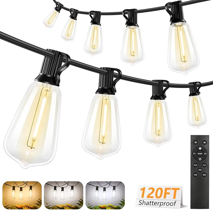 Brightever 3 Color in 1 LED Outdoor String Lights with Remote, 120FT Patio Li...