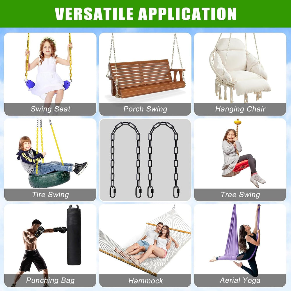 2Pcs 100" (8.3ft) Swing Chain with Hooks 1000 LBs Capacity Black Coated ...