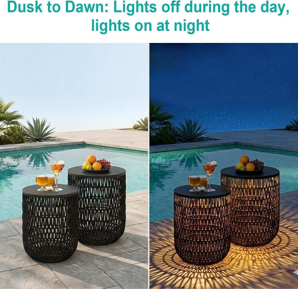 HMVPL Solar Black Outdoor Side Table Set of 2 with Dimmable Light, Round Pati...
