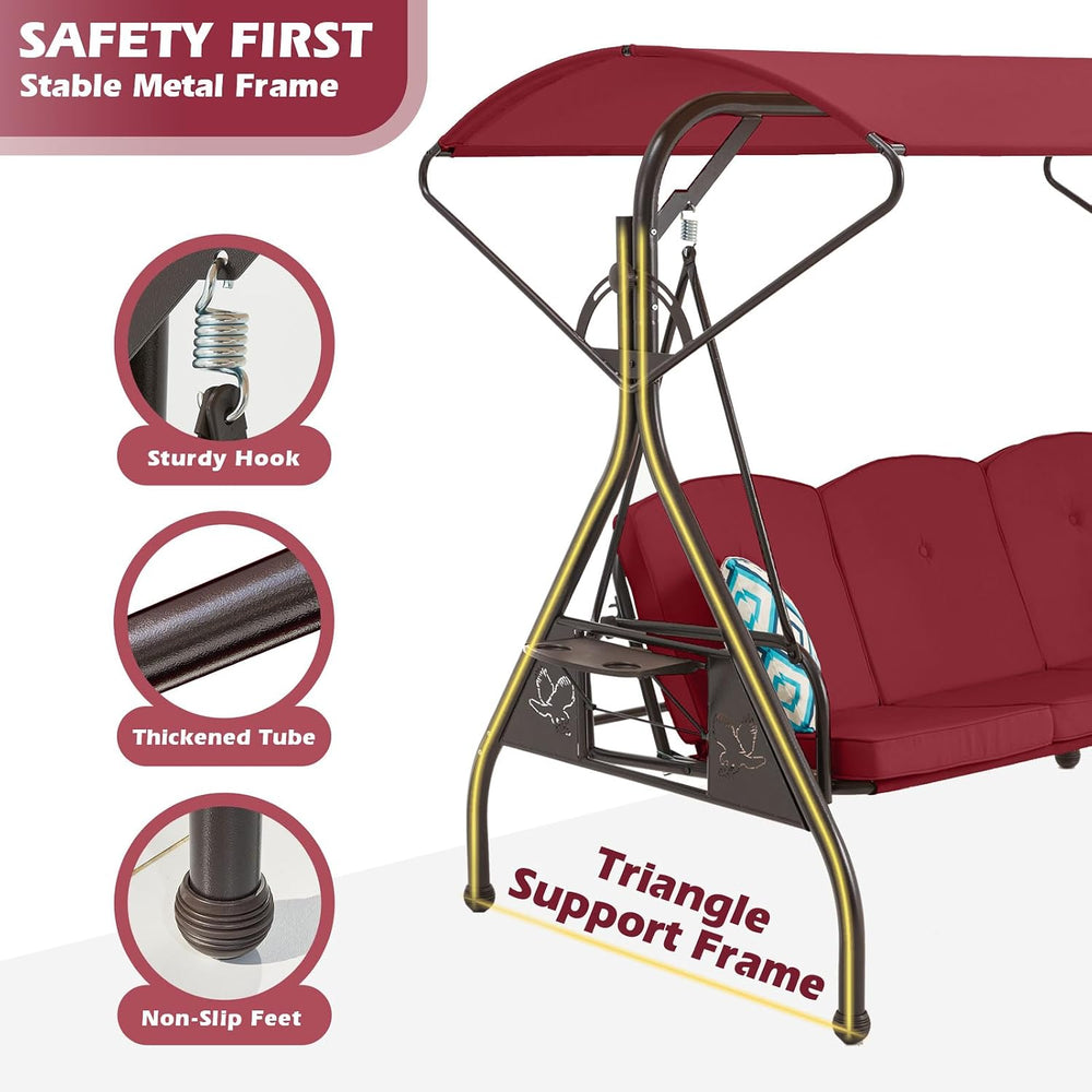 ZZW 800LBS Patio Swing with Canopy 3 Seat Outdoor Porch Swing with Stand w/Cu...