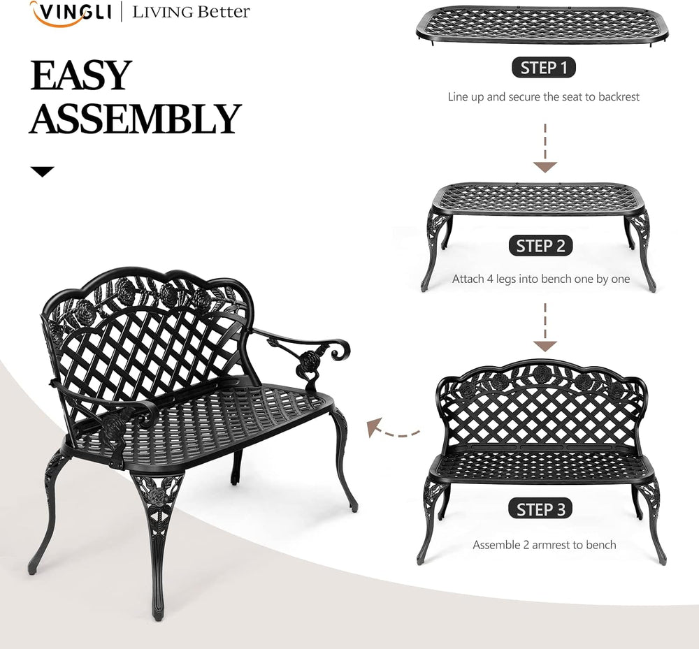 VINGLI 42.5" Outdoor Bench, Antique Cast Aluminum Front Porch Bench Meta...