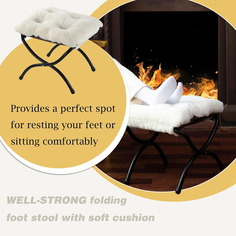 15" Faux Fur Upholstered Folding Foot Rest Stool with Metal Frame Beige