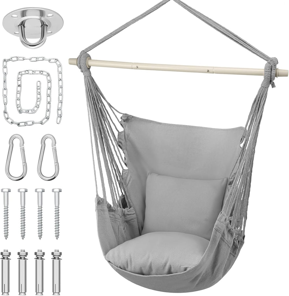 MoNiBloom Hammock Chair Hanging Rope Swing w/2 Cushions, Hold 350 lbs, Gray