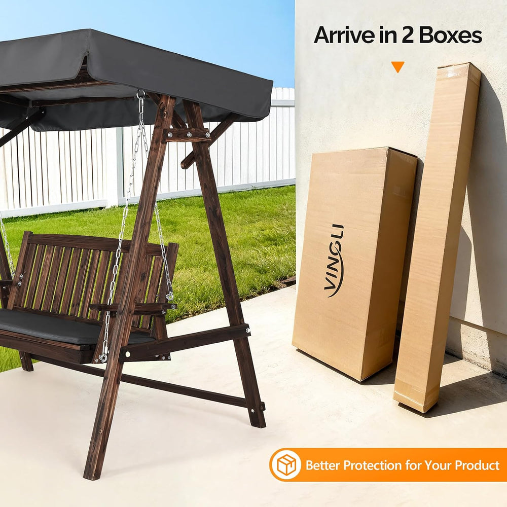 VINGLI 4FT Heavy Duty Wooden Porch Swing with Stand and Canopy, Rustic