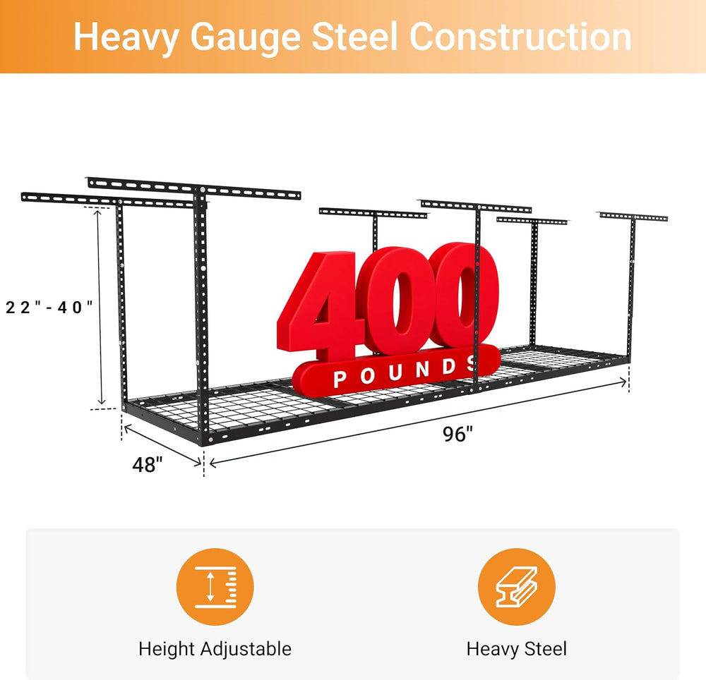 2x8ft Overhead Ceiling Garage Storage Rack, 400LBS Capacity, Black