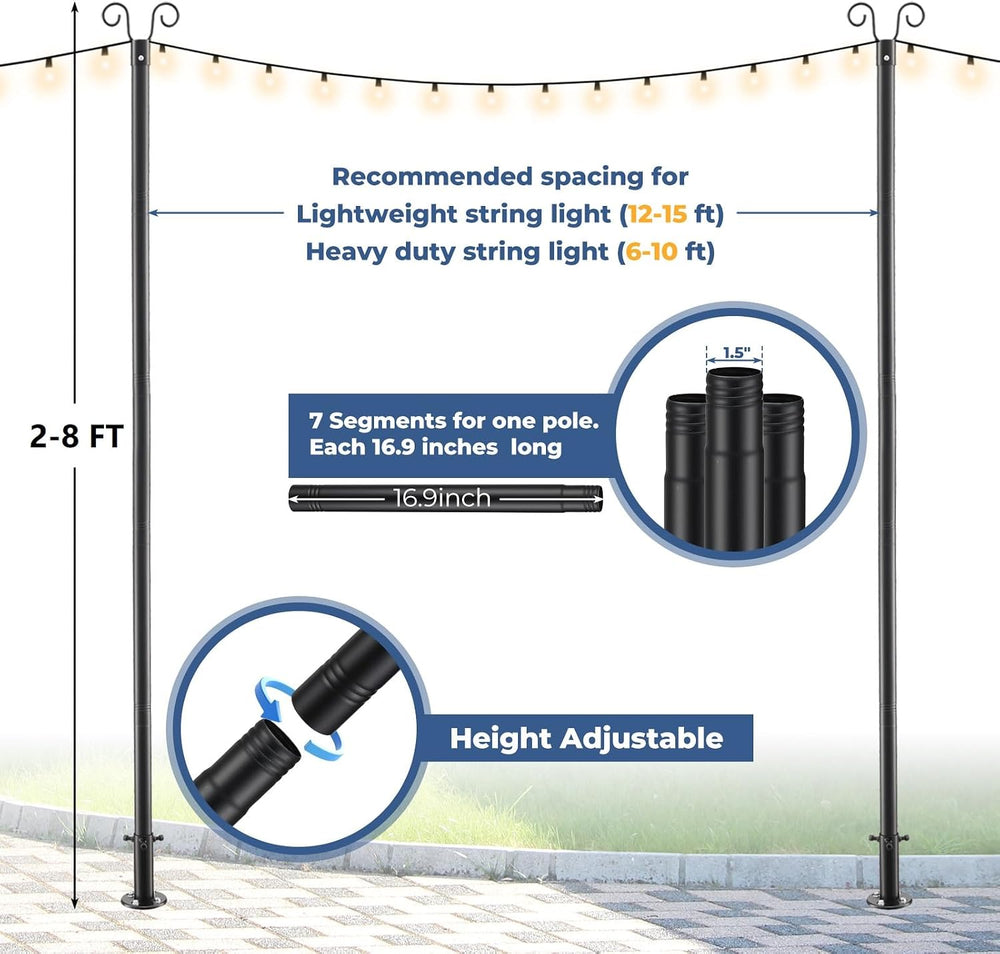 Heavy Duty String Light Poles 8 FT (2 Pack) - Outdoor Patio Deck Light Poles ...