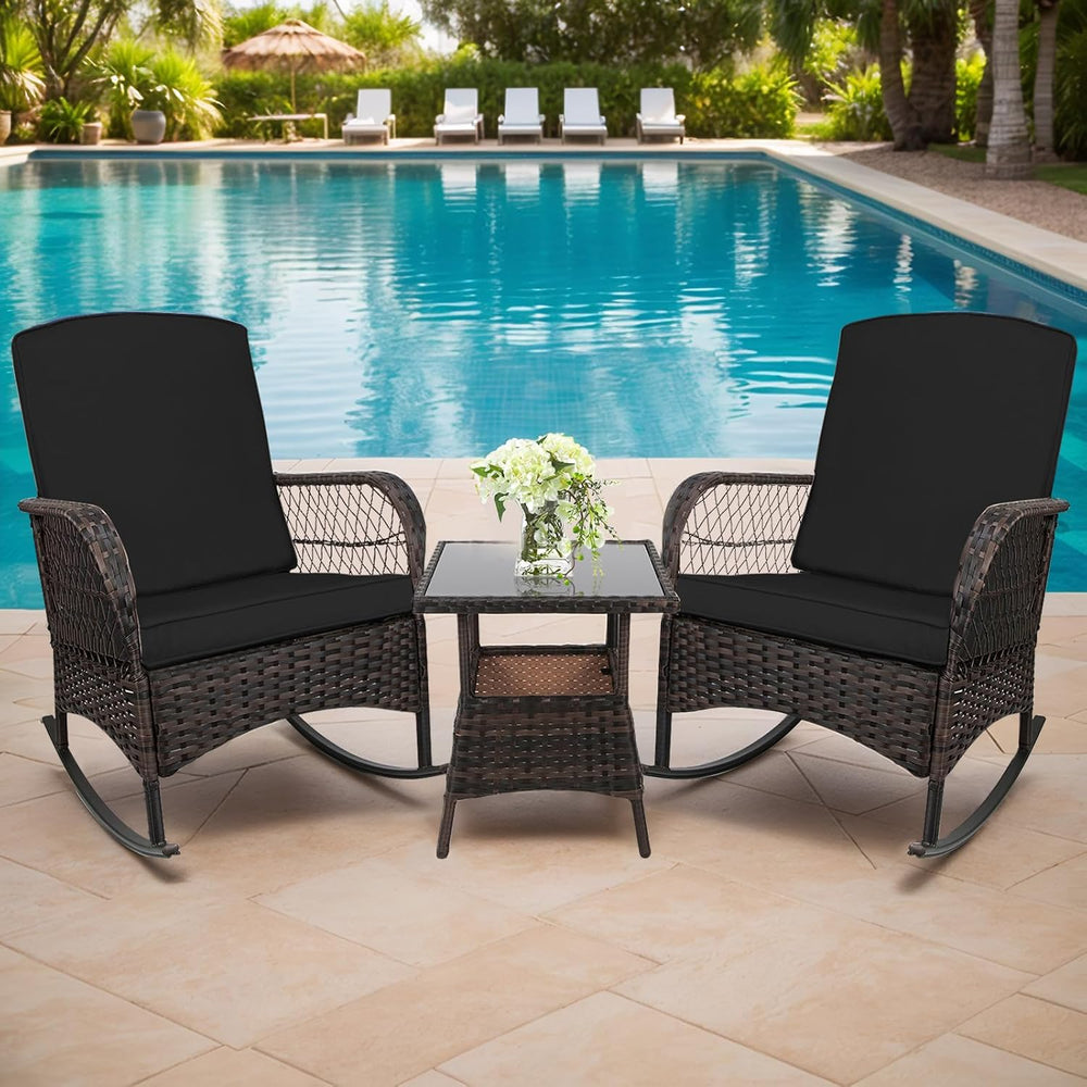 CHABATREE 3 pcs Rocking Bistro Set Conversation Chairs PE Wicker Outdoor Rock...