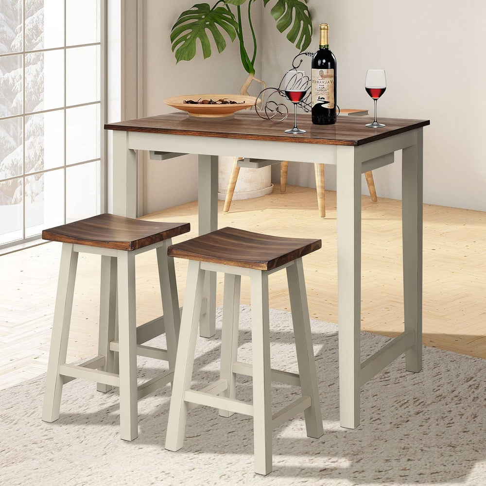 COSTWAY 3 Pieces Dining Set, Counter Height Pub Table with 2 Saddle Stools
