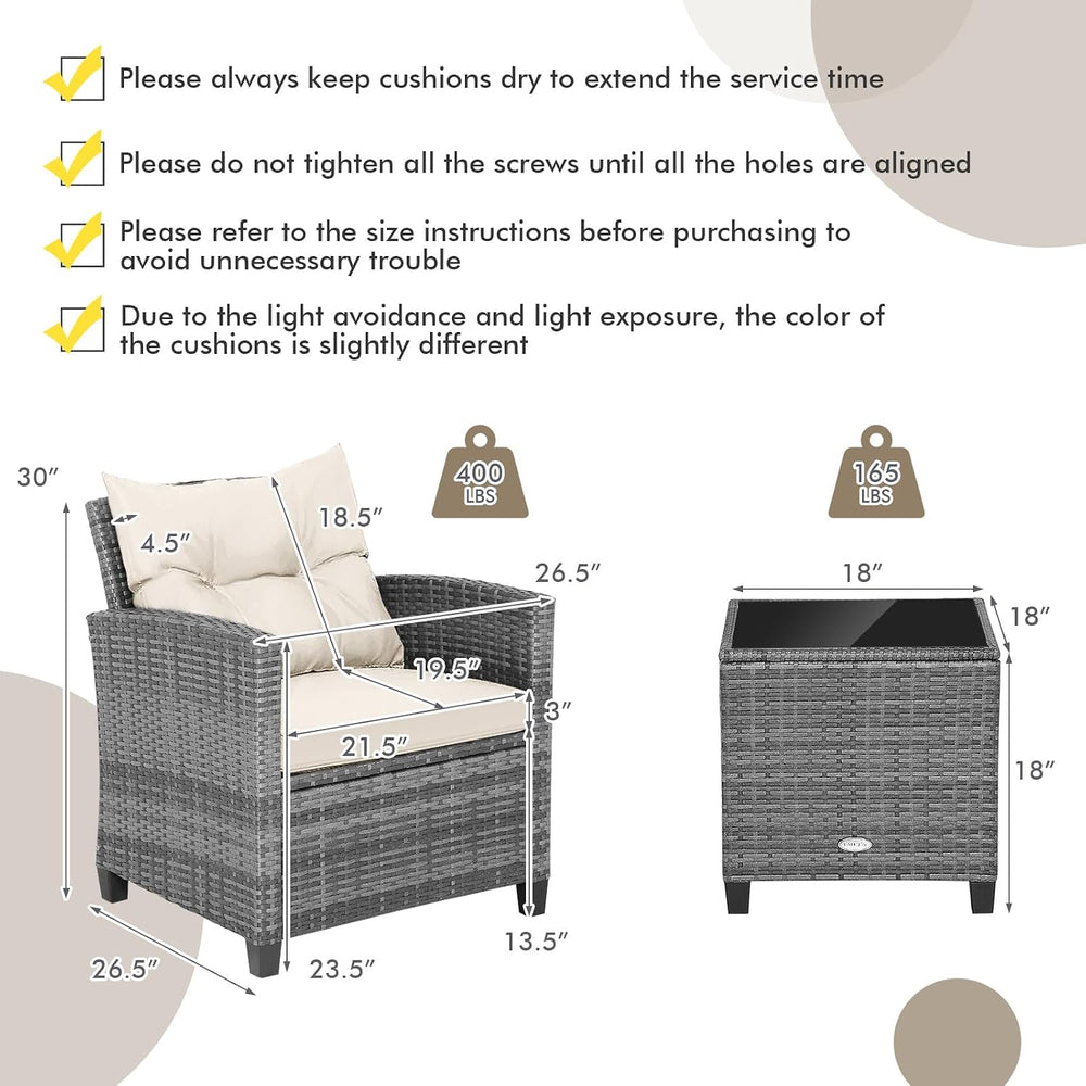 Tangkula 3 Pieces Patio Furniture Set, PE Rattan Wicker 3 Pcs Outdoor Sofa Se...