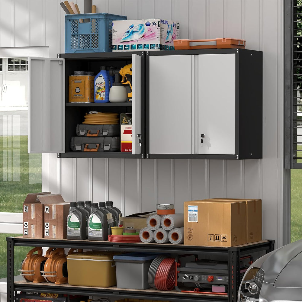 Garage Storage Cabinet, Wall Mounted Locking Cabinet with Doors and Shelves, ...
