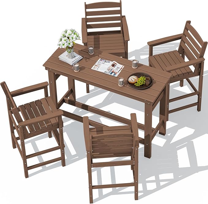 SERWALL Outdoor Bar Set - 4 Adirondack Bar Chairs & Bar Height Table with...