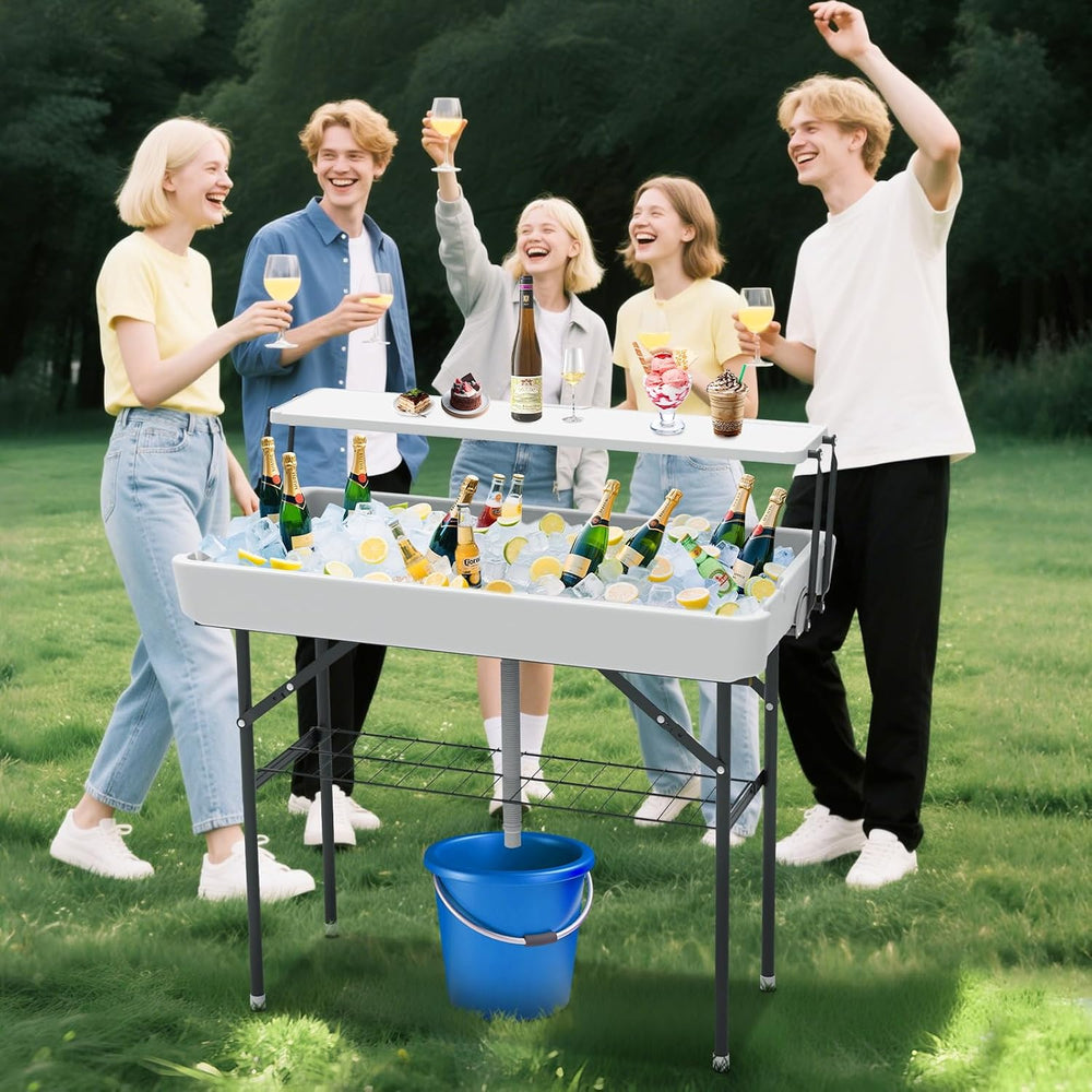 Ice Cooler Folding Table,Double-Layer Party Chilling Table with Drain and Det...